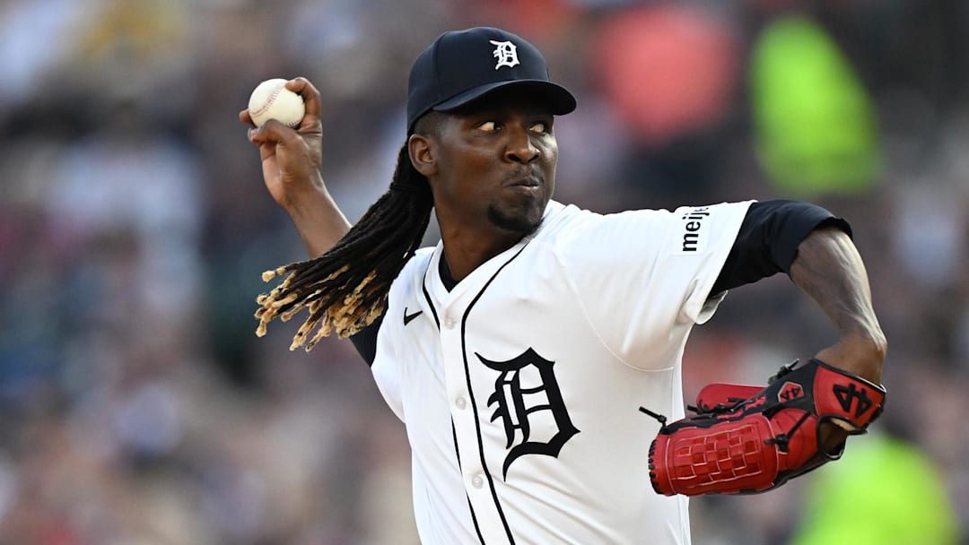 Aug 9, 2025; Detroit, Michigan, USA;  Detroit Tigers pitcher Rafael Montero (99) throws a pitch against the Los Angeles Angels in the fifth inning at Comerica Park. Mandatory Credit: Lon Horwedel-Imagn Images