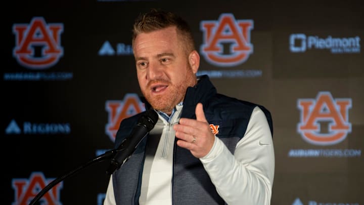 Auburn Tigers football head coach Alex Golesh speaks during a press conference at Woltosz Performance Center in Auburn, Ala. on Monday, Dec. 8, 2025.