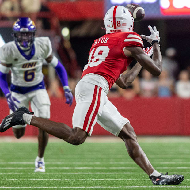 Nebraska wide receiver Isaiah Neyor catches a 17-yard pass against Northern Iowa.