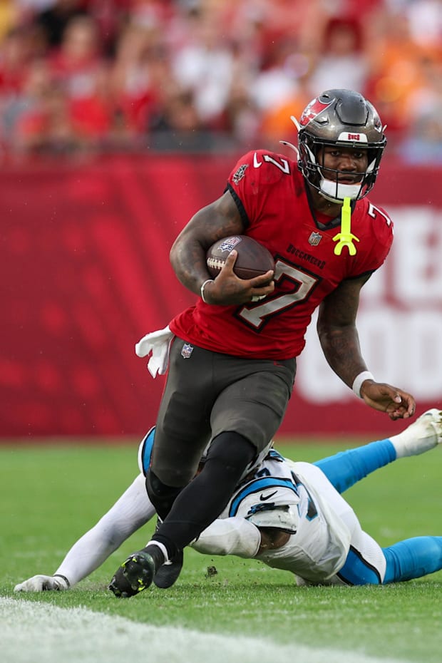 Tampa Bay Buccaneers running back Bucky Irving runs with the ball against the Carolina Panthers