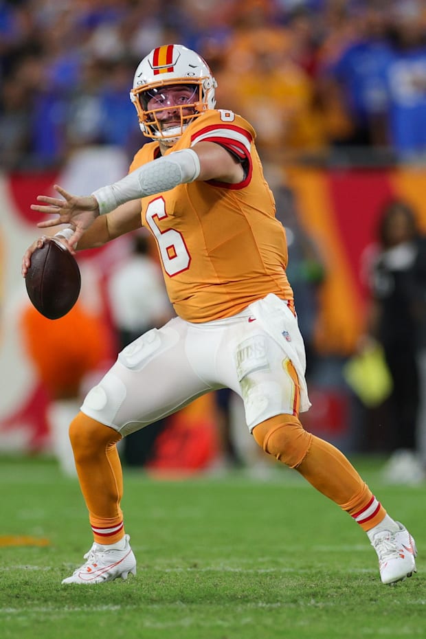 Tampa Bay Buccaneers quarterback Baker Mayfield drops back to pass against the Detroit Lions