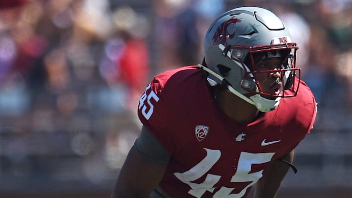 Aug 31, 2024; Pullman, Washington, USA; Washington State Cougars edge Raam Stevenson (45) comes set for a play against the Portland State Vikings in the first half at Gesa Field at Martin Stadium. Mandatory Credit: James Snook-USA TODAY Sports