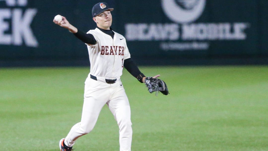 Oregon State's Cooper Vance throws the ball to first base during an NCAA college baseball game at Goss Stadium on Friday, March 6, 2026, in Corvallis, Ore. Oregon State's Cooper Vance throws the ball to first base during an NCAA college baseball game at Goss Stadium on Friday, March 6, 2026, in Corvallis, Ore.
