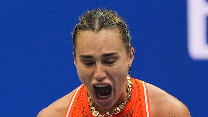Aryna Sabalenka celebrates winning the second set