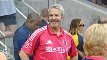 TV host Andy Cohen looks on prior to a match between St. Louis CITY SC and the LA Galaxy at Energizer Park. 