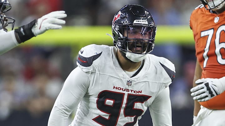 Sep 15, 2024; Houston, Texas, USA; Houston Texans defensive end Derek Barnett (95) in action during the game against the Chicago Bears at NRG Stadium. Mandatory Credit: Troy Taormina-Imagn Images Sep 15, 2024; Houston, Texas, USA; Houston Texans defensive end Derek Barnett (95) in action during the game against the Chicago Bears at NRG Stadium. Mandatory Credit: Troy Taormina-Imagn Images
