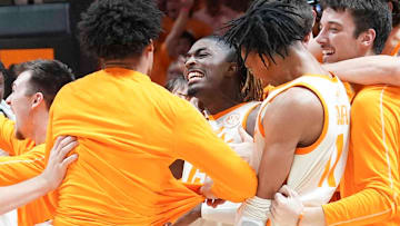 Tennessee's Jahmai Mashack (15) celebrates with teammates after a men’s college basketball game between Tennessee and Alabama at Thompson-Boling Arena at Food City Center, Saturday, March 1, 2025.