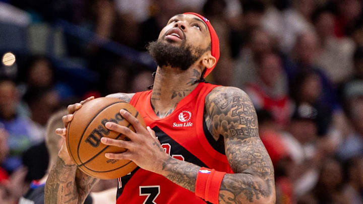 Mar 11, 2026; New Orleans, Louisiana, USA;  Toronto Raptors forward Brandon Ingram (3) reacts to a play against the New Orleans Pelicans during the second half at Smoothie King Center. Mandatory Credit: Stephen Lew-Imagn Images