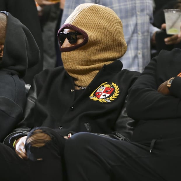 Chaney Jones, left, American rappers Kanye West, center, and Future.