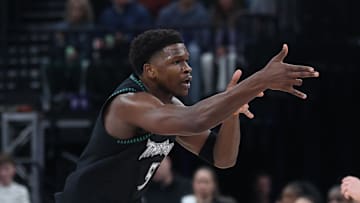 Nov 10, 2025; Salt Lake City, Utah, USA; Minnesota Timberwolves guard Anthony Edwards (5) reacts to a basket against the Utah Jazz during the first quarter at Delta Center. Mandatory Credit: Rob Gray-Imagn Images
