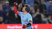 Mar 30, 2025; Toronto, Ontario, CAN; Toronto Blue Jays catcher Tyler Heineman (55) reacts as he runs to home plate after hitting a solo home run against the Baltimore Orioles during the seventh inning at Rogers Centre. Mandatory Credit: John E. Sokolowski-Imagn Images
