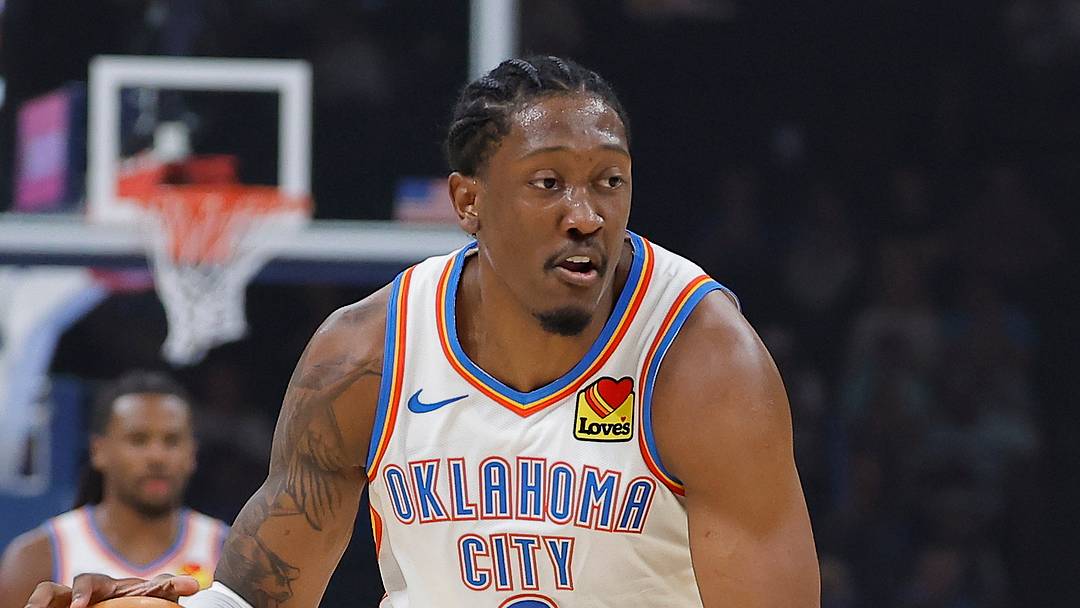 Oct 7, 2026; Oklahoma City, Oklahoma, USA; Oklahoma City Thunder guard Jalen Williams (8) dribbles down the court against the Milwaukee Bucks during the first half of a preseason game at Paycom Center. Mandatory Credit: Alonzo Adams-Imagn Images