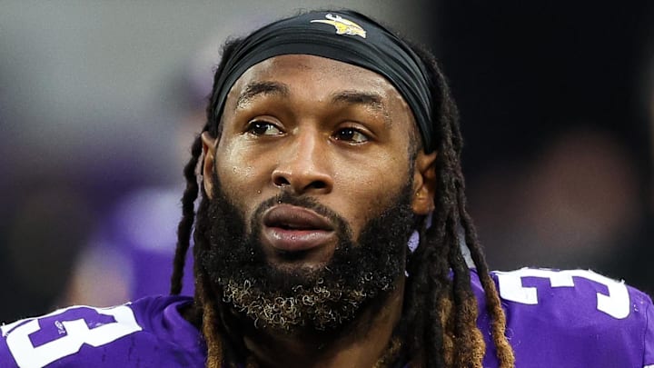 Dec 8, 2024; Minneapolis, Minnesota, USA; Minnesota Vikings running back Aaron Jones (33) looks on during the fourth quarter against the Atlanta Falcons at U.S. Bank Stadium. Mandatory Credit: Matt Krohn-Imagn Images