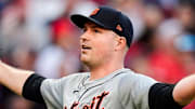 Detroit Tigers pitcher Tarik Skubal (29) celebrates after a double play against Cleveland Guardians