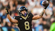 Nov 15, 2025; Winston-Salem, North Carolina, USA; Wake Forest Demon Deacons wide receiver Carlos Hernandez (8) reacts after a play against the North Carolina Tar Heels at Allegacy Federal Credit Union Stadium. Mandatory Credit: Wake Forest Athletics via Imagn Images