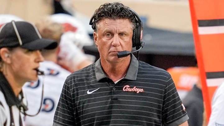 Oklahoma State head coach Mike Gundy walks the sidelines in the second quarter during an NCAA football game between Oklahoma State (OSU) and UT Martin in Stillwater, Okla., on Thursday, Aug. 28, 2025. Oklahoma State head coach Mike Gundy walks the sidelines in the second quarter during an NCAA football game between Oklahoma State (OSU) and UT Martin in Stillwater, Okla., on Thursday, Aug. 28, 2025.