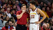 Iowa State's Gabe Kalscheur talks to head coach TJ Otzelberger during the Iowa State men's basketball game against Arkansas-Pine Bluff on Wednesday, Dec. 1, 2021, at Hilton Coliseum in Ames.