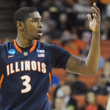 Mar 24, 2013; Austin, TX, USA; Illinois FIghting Illini guard Brandon Paul (3) reacts against the Miami Hurricanes in the second half during the third round of the NCAA basketball tournament at the Frank Erwin Center. Miami beat Illinois 63-59. Mandatory Credit: Brendan Maloney-USA TODAY Sports