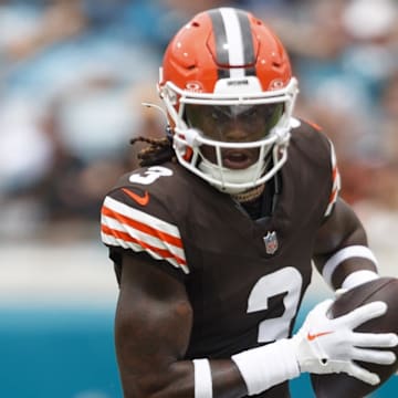 Sep 15, 2024; Jacksonville, Florida, USA; Cleveland Browns wide receiver Jerry Jeudy (3) runs against the Jacksonville Jaguars during the first quarter  at EverBank Stadium. Mandatory Credit: Morgan Tencza-Imagn Images