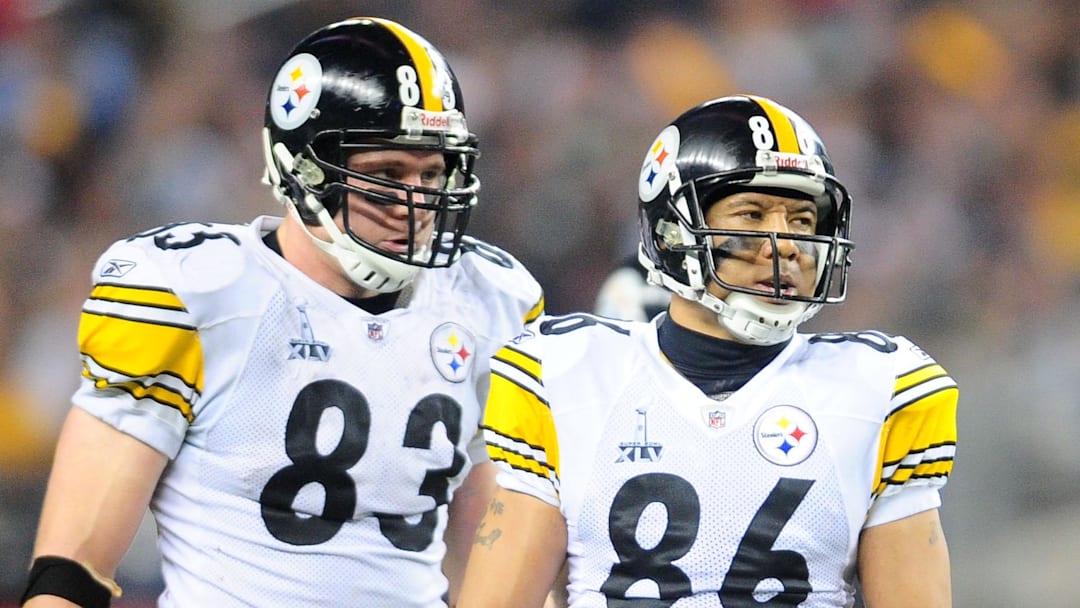 Feb 6, 2011; Arlington, TX, USA; Pittsburgh Steelers wide receiver Hines Ward (86) and tight end Heath Miller (83) during Super Bowl XLV against the Green Bay Packers at Cowboys Stadium.  Mandatory Credit: Mark J. Rebilas-Imagn Images
