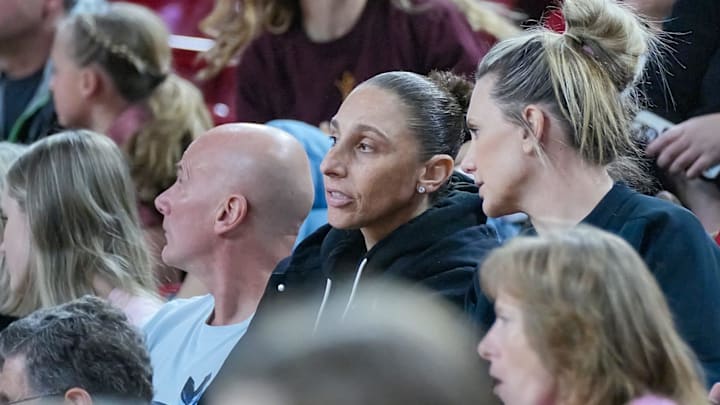 Phoenix Mercury's Diana Taurasi watches as Arizona State University women's basketball takes on Santa Clara University at Desert Financial Arena on Dec. 30, 2023, in Tempe. Phoenix Mercury's Diana Taurasi watches as Arizona State University women's basketball takes on Santa Clara University at Desert Financial Arena on Dec. 30, 2023, in Tempe.