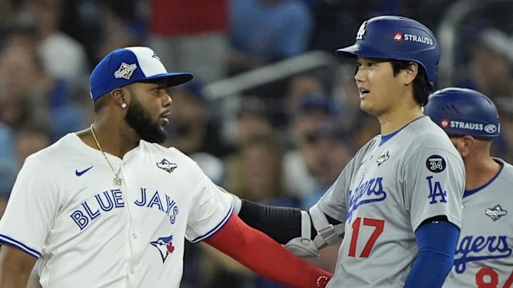Toronto Blue Jays first baseman Vladimir Guerrero Jr. talks with Los Angeles Dodgers two-way player Shohei Ohtani