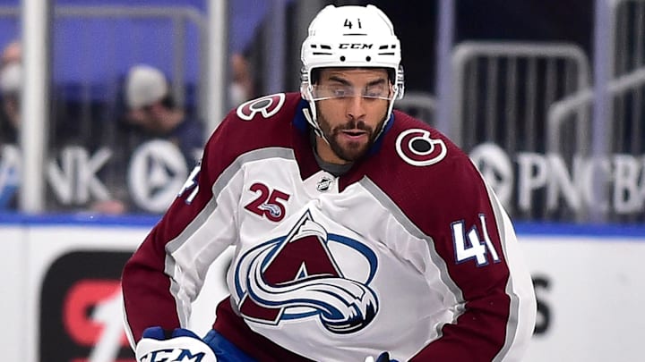 Apr 22, 2021; St. Louis, Missouri, USA;  Colorado Avalanche center Pierre-Edouard Bellemare (41) handles the puck during the second period against the St. Louis Blues at Enterprise Center. Mandatory Credit: Jeff Curry-Imagn Images