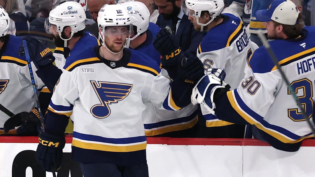 May 4, 2025; Winnipeg, Manitoba, CAN; St. Louis Blues center Radek Faksa (12) celebrates after his goal against the Winnipeg Jets in the second period in game seven of the first round of the 2025 Stanley Cup Playoffs at Canada Life Centre. Mandatory Credit: James Carey Lauder-Imagn Images