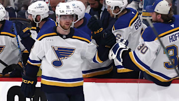 May 4, 2025; Winnipeg, Manitoba, CAN; St. Louis Blues center Radek Faksa (12) celebrates after his goal against the Winnipeg Jets in the second period in game seven of the first round of the 2025 Stanley Cup Playoffs at Canada Life Centre. Mandatory Credit: James Carey Lauder-Imagn Images