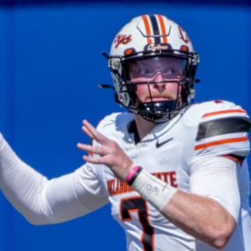 Oklahoma State quarterback Alan Bowman (7) passes the ball in the second half during an NCAA football game between Oklahoma State and Tulsa in Tulsa, Okla., on Saturday, Sept. 14, 2024.