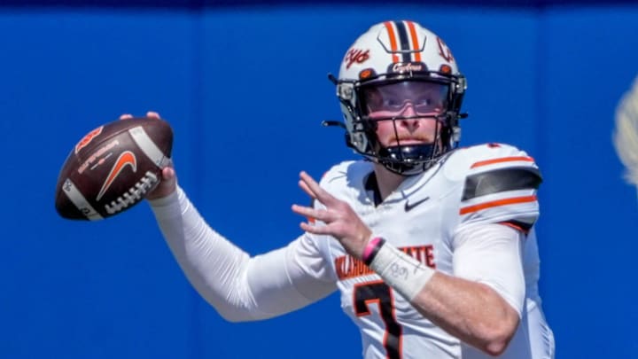 Oklahoma State quarterback Alan Bowman (7) passes the ball in the second half during an NCAA football game between Oklahoma State and Tulsa in Tulsa, Okla., on Saturday, Sept. 14, 2024.