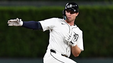 Sep 10, 2024; Detroit, Michigan, USA; Detroit Tigers second baseman Colt Keith (33) celebrates at second base after hitting a RBI double against the Colorado Rockies in the sixth inning at Comerica Park. 