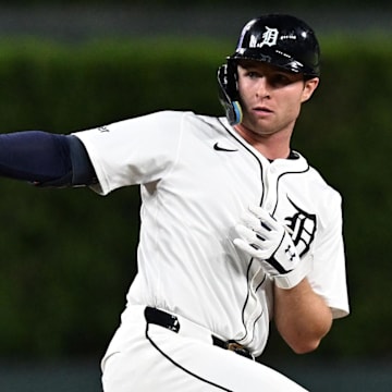 Sep 10, 2024; Detroit, Michigan, USA; Detroit Tigers second baseman Colt Keith (33) celebrates at second base after hitting a RBI double against the Colorado Rockies in the sixth inning at Comerica Park. 