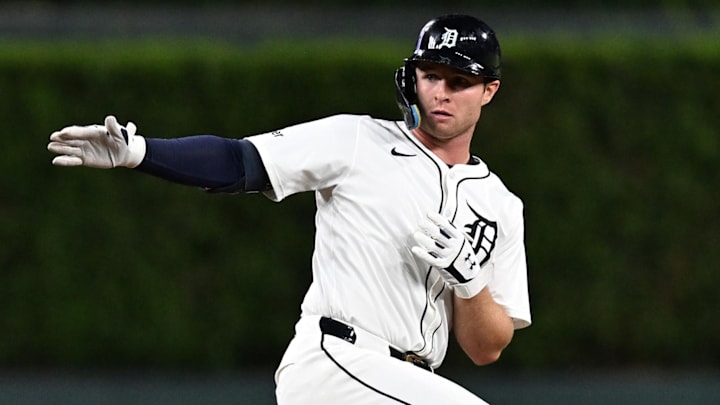 Sep 10, 2024; Detroit, Michigan, USA; Detroit Tigers second baseman Colt Keith (33) celebrates at second base after hitting a RBI double against the Colorado Rockies in the sixth inning at Comerica Park. 