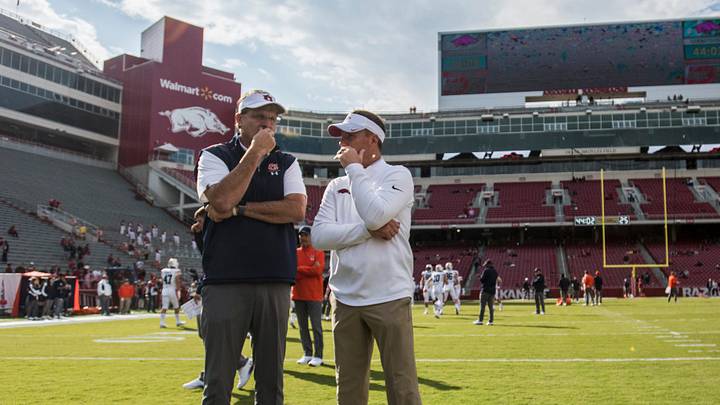 Auburn head coach Gus Malzahn and Arkansas head coach Chad Morris chat during warm ups at Donald W. Reynolds Razorback in Fayetteville, Ark., on Saturday, Oct. 19, 2019.

Jc Auburnark 17