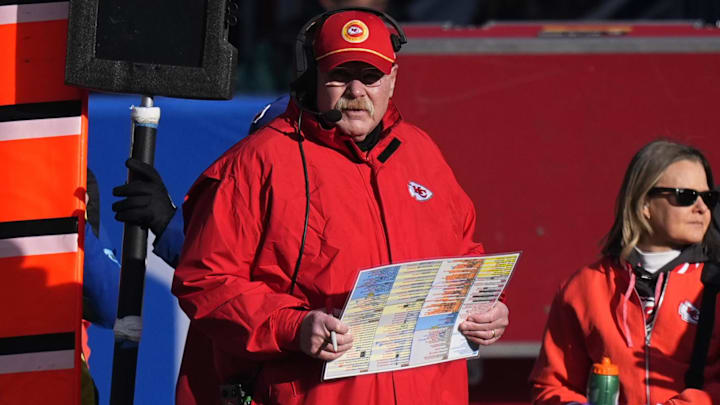 Jan 5, 2025; Denver, Colorado, USA; Kansas City Chiefs head coach Andy Reid walks the sidelines in the first quarter against the Denver Broncos at Empower Field at Mile High. Mandatory Credit: Ron Chenoy-Imagn Images