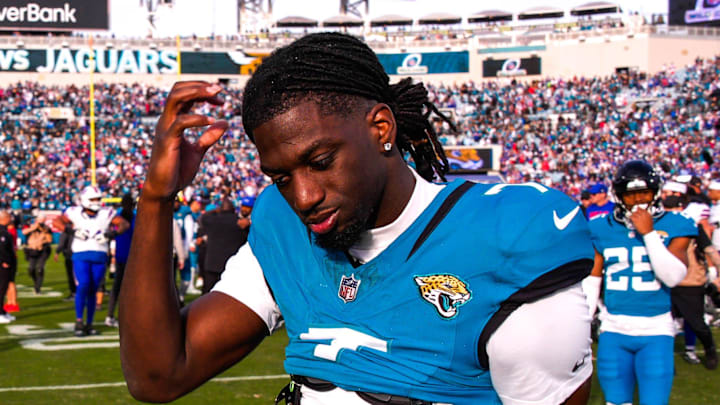 Jacksonville Jaguars wide receiver Brian Thomas Jr. (7) walks off the field after losing to the Bills during an NFL football AFC Wild Card playoff matchup, Sunday, Jan. 11, 2026, in Jacksonville, Fla. Bills lead 10-7 at the half over the Jaguars. The Bills defeated the Jaguars 27-24. 