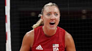 Jordan Larson reacts after a point during the women's volleyball gold medal match at the Tokyo Olympics in August 2021.