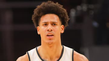 Jalen Johnson #1 of the Atlanta Hawks reacts against the Chicago Bulls.