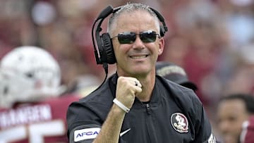 Sep 20, 2025; Tallahassee, Florida, USA; Florida State Seminoles head coach Mike Norvell reacts after a touchdown during the first half against the Kent State Golden Flashes at Doak S. Campbell Stadium. Mandatory Credit: Melina Myers-Imagn Images