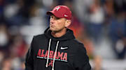 Alabama Crimson Tide head coach Kalen DeBoer watches on during warm ups before Auburn Tigers take on Alabama Crimson Tide at Jordan-Hare Stadium in Auburn, Ala. on Saturday, Nov. 29, 2025.