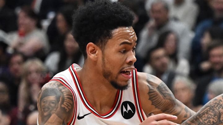 Feb 5, 2026; Toronto, Ontario, CAN;  Toronto Raptors forward Brandon Ingram (3) dribbles past Chicago Bulls guard Anfernee Simons (2) in the first half at Scotiabank Arena. Mandatory Credit: Dan Hamilton-Imagn Images