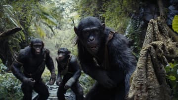 (L-R): Noa (played by Owen Teague), Soona (played by Lydia Peckham), and Anaya (played by Travis Jeffery) in 20th Century Studios' KINGDOM OF THE PLANET OF THE APES. Photo courtesy of 20th Century Studios. © 2024 20th Century Studios. All Rights Reserved.