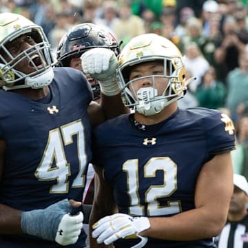 Notre Dame defensive lineman Jason Onye (47) reacts after a Northern Illinois field goal during a NCAA college football game between Notre Dame and Northern Illinois at Notre Dame Stadium on Saturday, Sept. 7, 2024, in South Bend.