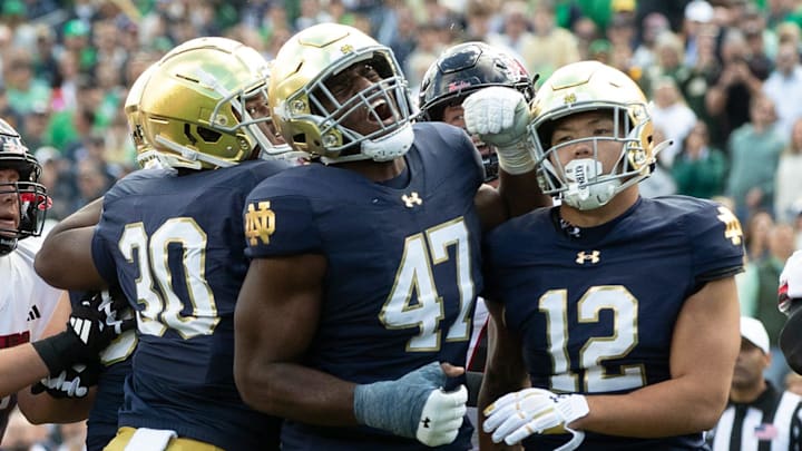 Notre Dame defensive lineman Jason Onye (47) reacts after a Northern Illinois field goal during a NCAA college football game between Notre Dame and Northern Illinois at Notre Dame Stadium on Saturday, Sept. 7, 2024, in South Bend.