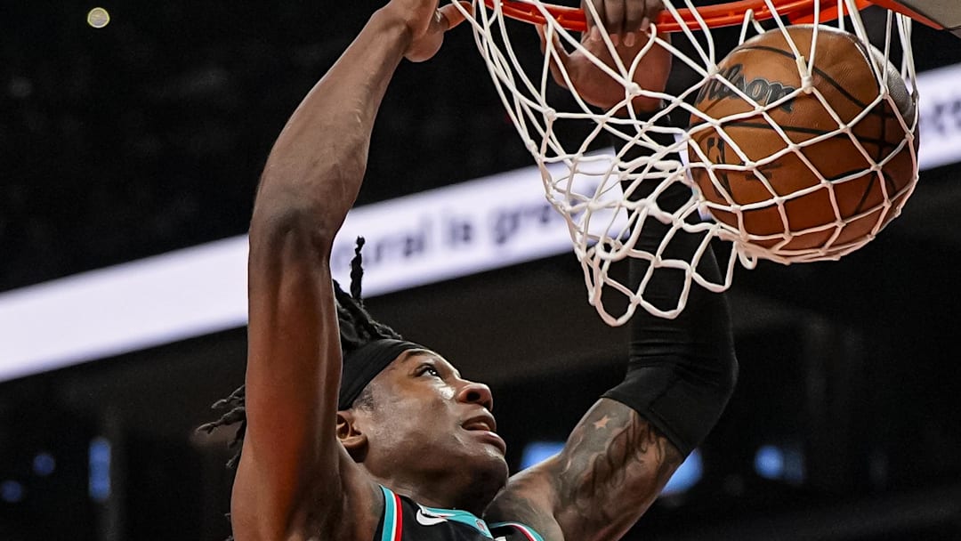 Mar 23, 2026; Atlanta, Georgia, USA; Memphis Grizzlies forward GG Jackson (45) dunks the ball against the Atlanta Hawks during the first half at State Farm Arena. Mandatory Credit: Dale Zanine-Imagn Images