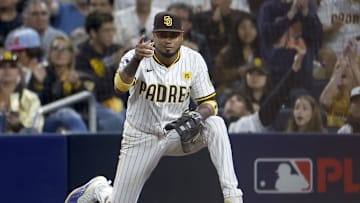 Oct 8, 2024; San Diego, California, USA; San Diego Padres first baseman Luis Arraez (4) reacts after an out in the sixth inning against the Los Angeles Dodgers during game three of the NLDS for the 2024 MLB Playoffs at Petco Park. Mandatory Credit: David Frerker-Imagn Images