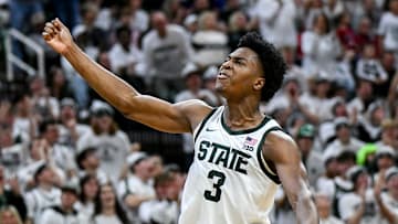 Michigan State's Cam Ward celebrates after an Arkansas foul during the second half on Saturday, Nov. 8, 2025, at the Breslin Center in East Lansing.