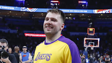 Apr 6, 2025; Oklahoma City, Oklahoma, USA; Los Angeles Lakers guard Luka Doncic (77) runs off the court after his team beat the Oklahoma City Thunder during the second half at Paycom Center. Mandatory Credit: Alonzo Adams-Imagn Images