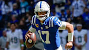 Indianapolis Colts quarterback Daniel Jones (17) rushes up the field Sunday, Sept. 7, 2025, during the game at Lucas Oil Stadium in Indianapolis. The Indianapolis Colts defeated the Miami Dolphins, 33-8.